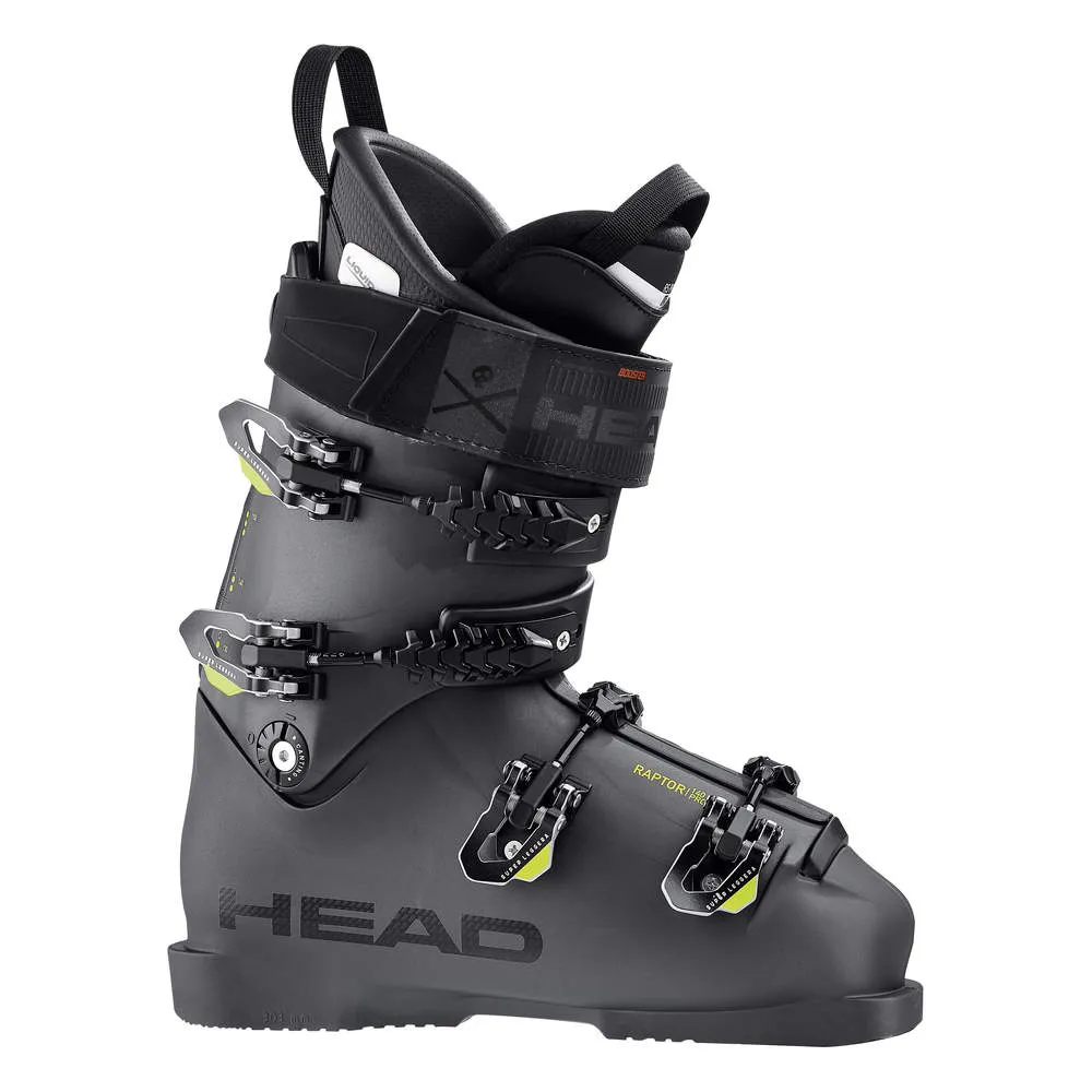 Anthrazitfarbener Head Raptor LTD Skischuh, seitliche Ansicht, mit Schnallen und Klettverschluss.