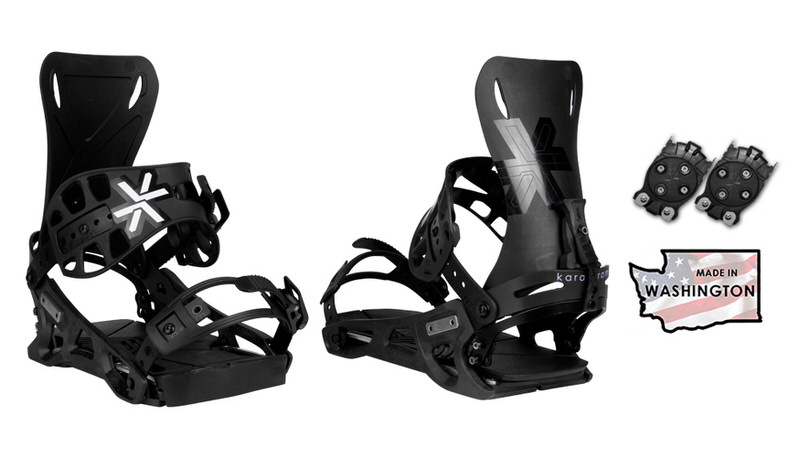 Zwei schwarze Karakoram Connect Recon Splitboard Bindungen, mit Zubehör und "Made in Washington" Logo.