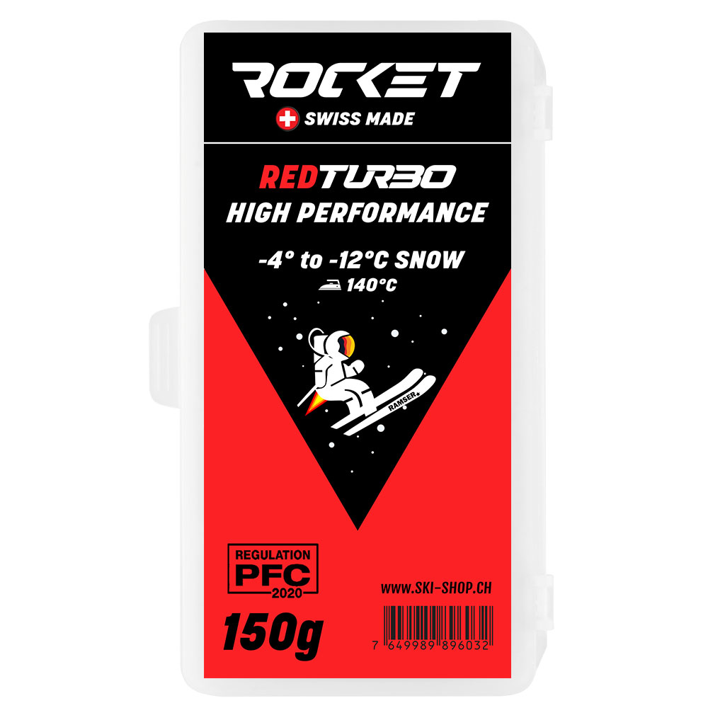 Verpackung Rocket HF Red 150g Rennwachs mit Logo, Schneetemperaturangabe und Skifahrer im roten Dreieck.