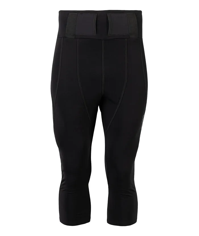 Black, knee-length Lenz Heat Pants 2.0, front view. Elastic waistband with fastening straps for batteries.