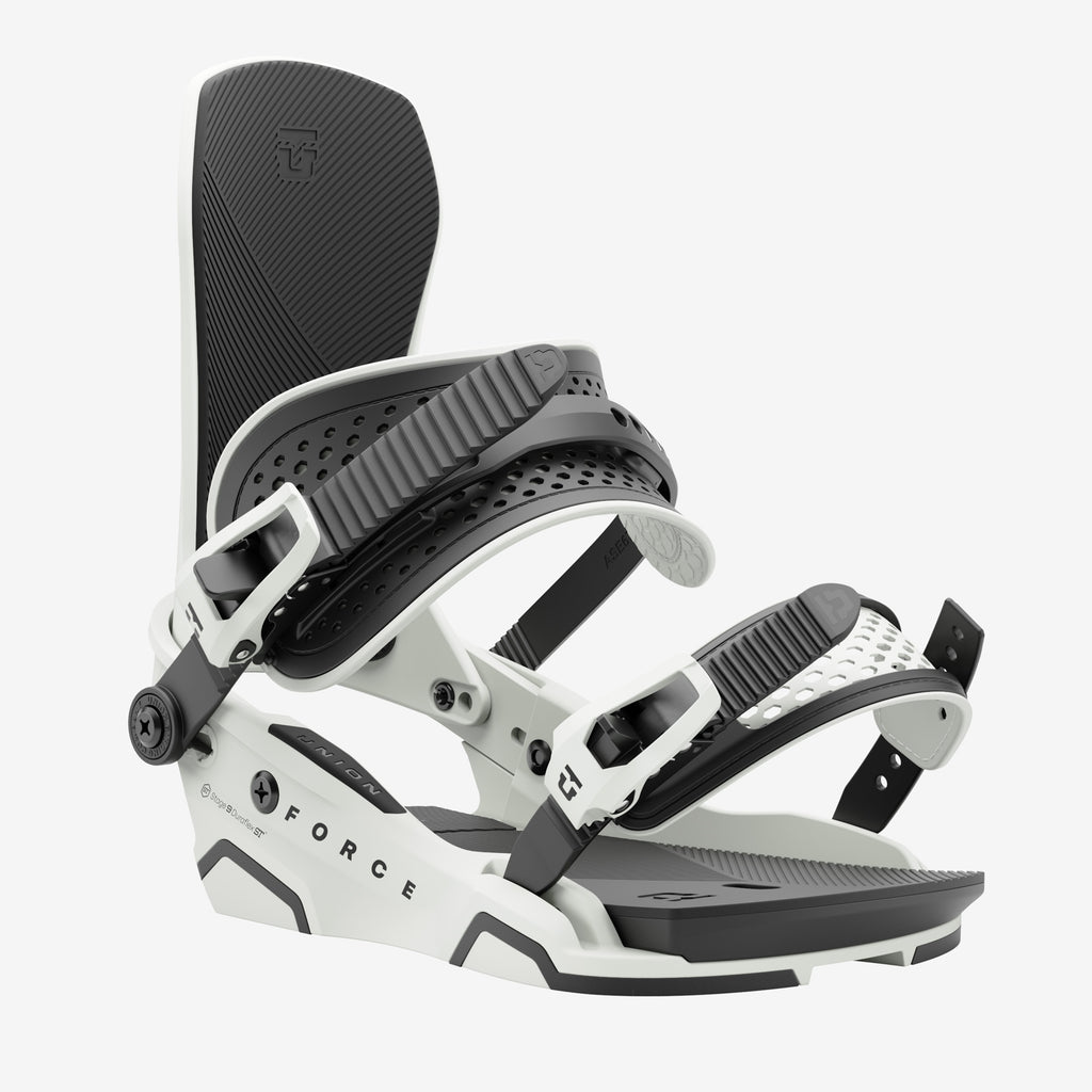 Weiße Snowboardbindung Weiße Union Force Snowboardbindung mit schwarzen Akzenten, seitliche Ansicht.