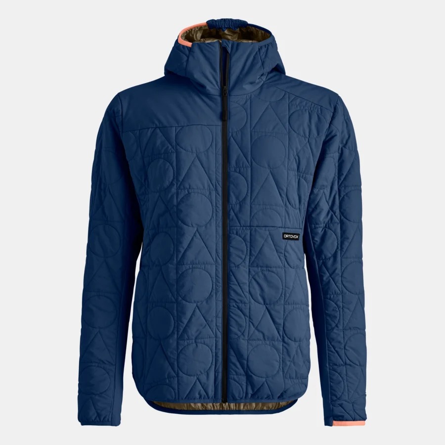 Blaue Steppjacke mit Kapuze und geometrischen Mustern aus Kreisen und Dreiecken, Reißverschluss vorne.