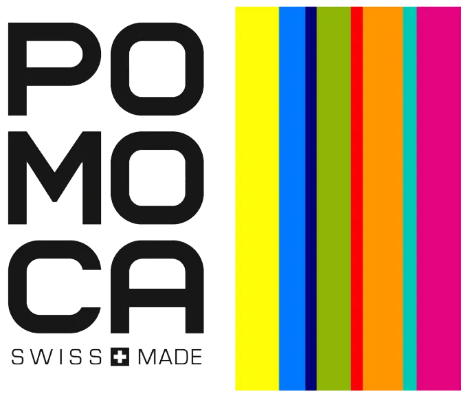Logo of Pomoca Swiss Made, next to it colorful vertical stripes in yellow, blue, green, red, orange, turquoise and pink.
