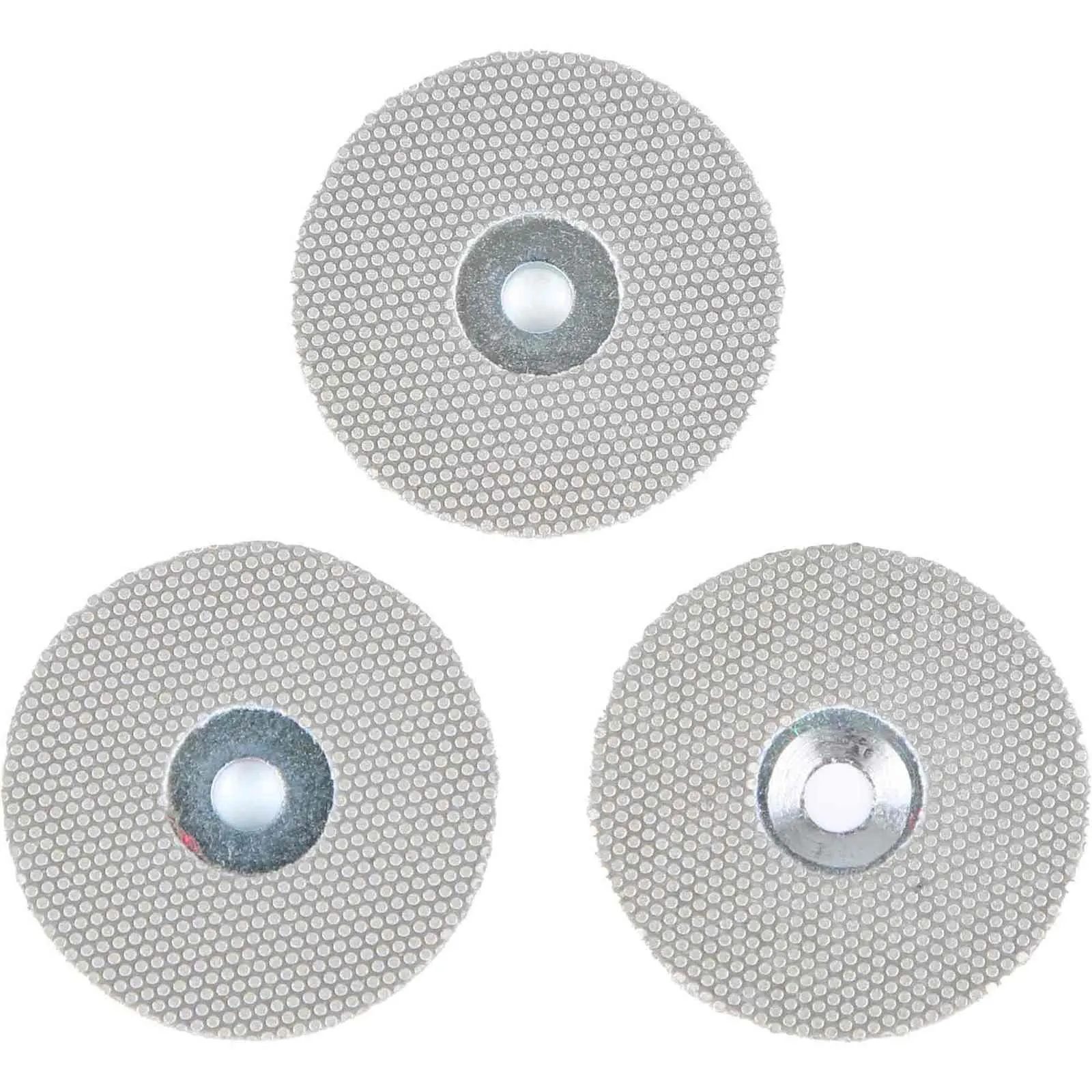 Three round grinding wheels with metallic hub and fine, dot-shaped surface, on a white background.