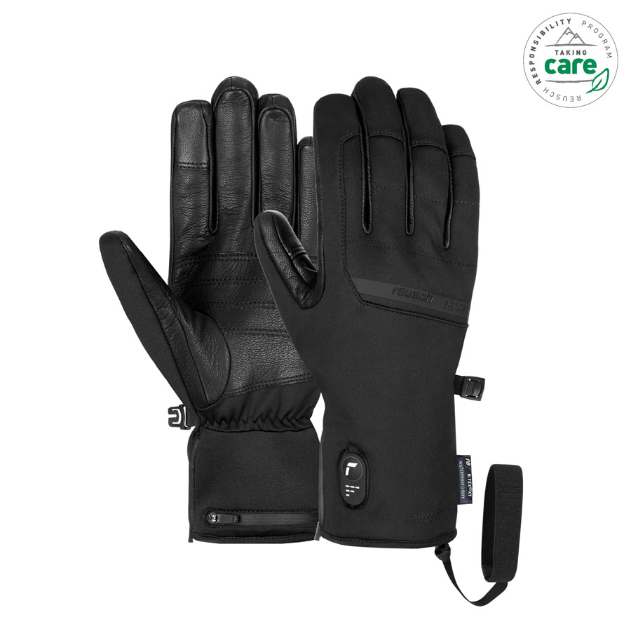 Zwei schwarze Reusch Heat Essence R-TEX® XT Handschuhe, einer mit Lederhandfläche, elektronischen Details am Handrücken.