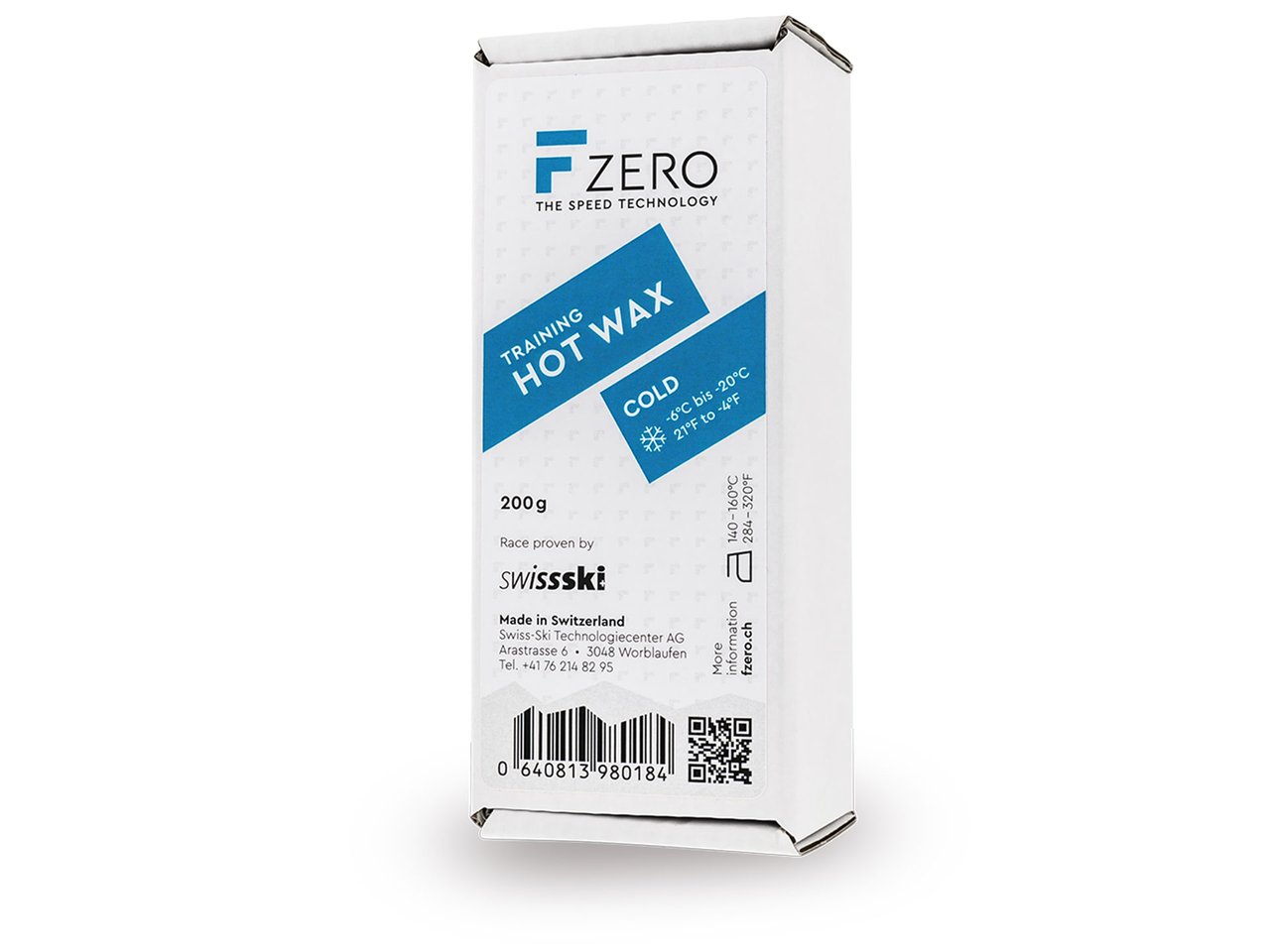 Verpackung von FZERO Training Hot Wax Cold für kalte Schneebedingungen, Details zu Temperatur und Gewicht aufgedruckt.