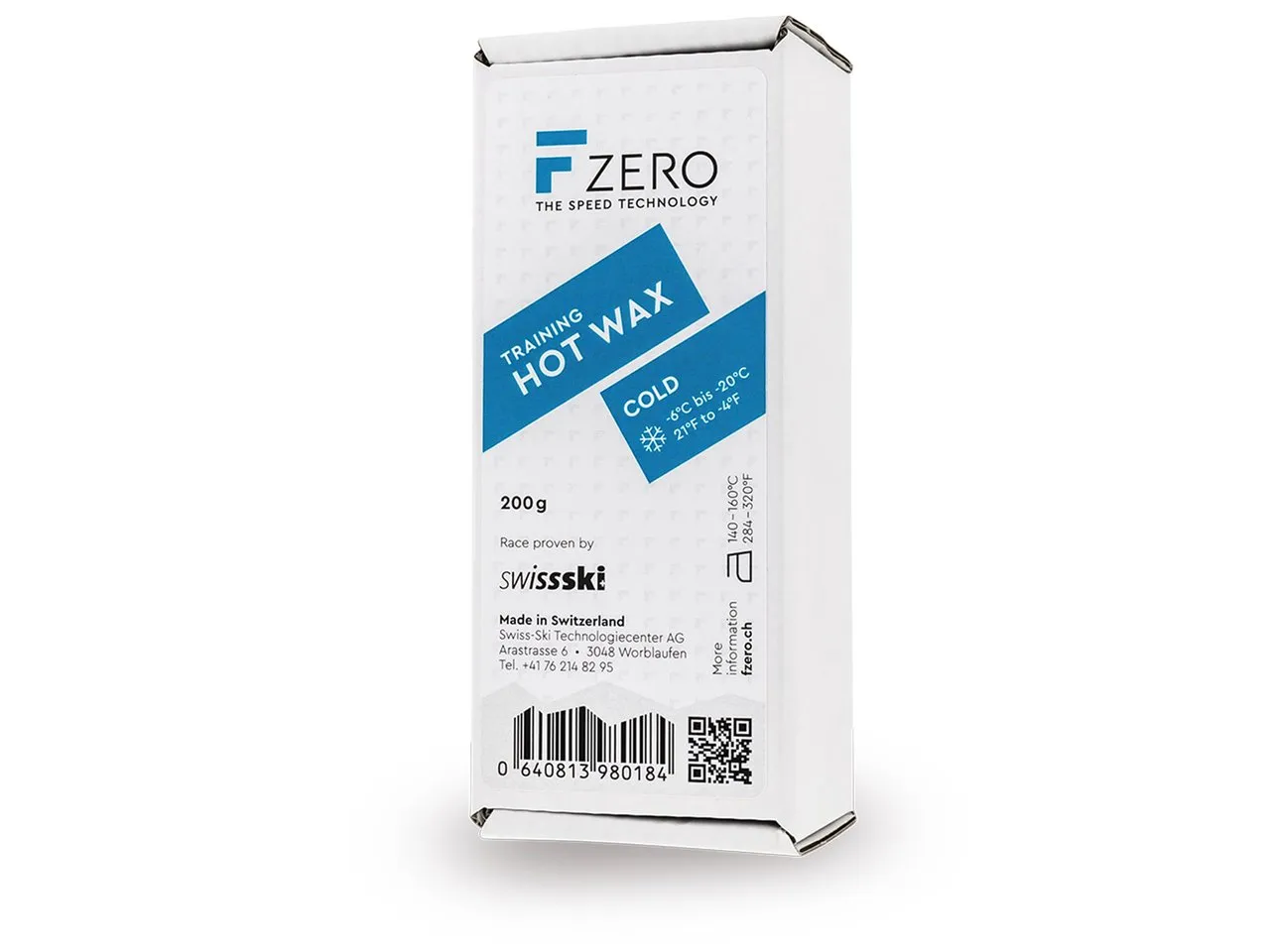 Verpackung von FZERO Training Hot Wax Cold für kalte Schneebedingungen, Details zu Temperatur und Gewicht aufgedruckt.