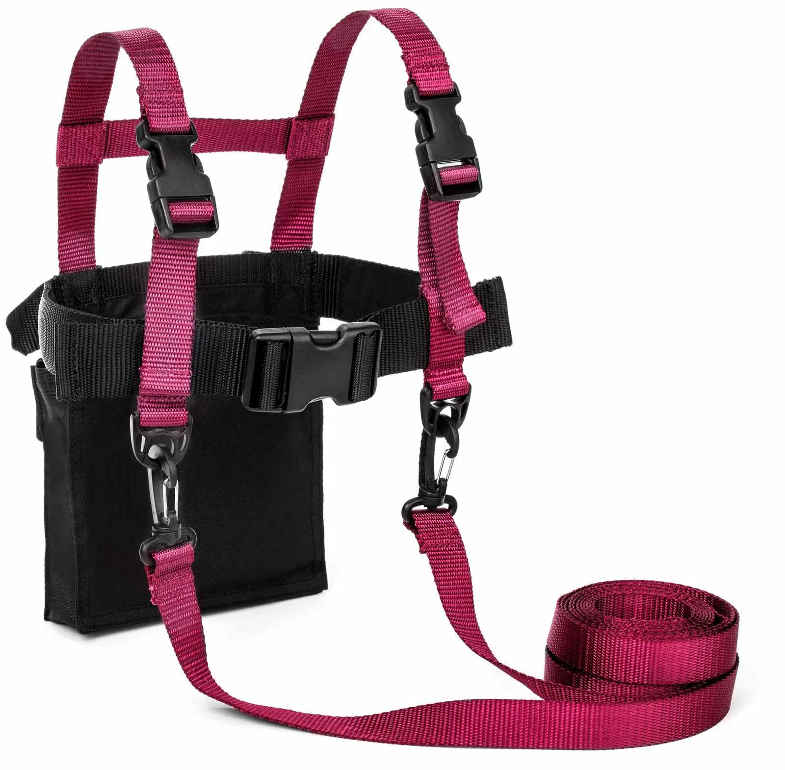 Close-up of the Snowflake Ski Trainer harness with straps, buckles and a rolled-up red leash.