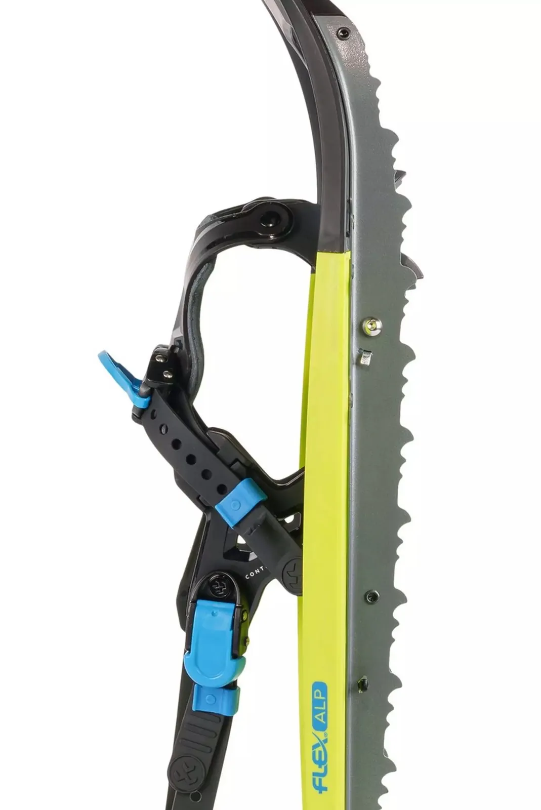 Close-up of a lime-green Tubbs Flex Alp snowshoe with ActiveFit 2.0 binding and serrated metal rail.