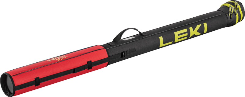 Schwarze Leki Cross Country Tube Bag Small mit rotem Abschnitt, Tragegriff und gelbem Leki Logo.