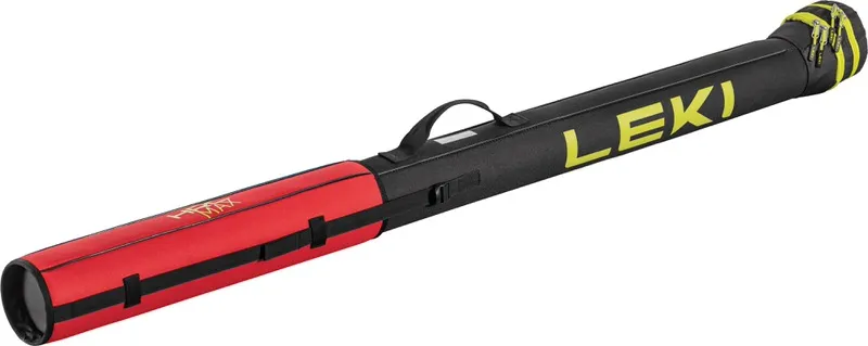 Schwarze Leki Cross Country Tube Bag Small mit rotem Abschnitt, Tragegriff und gelbem Leki Logo.
