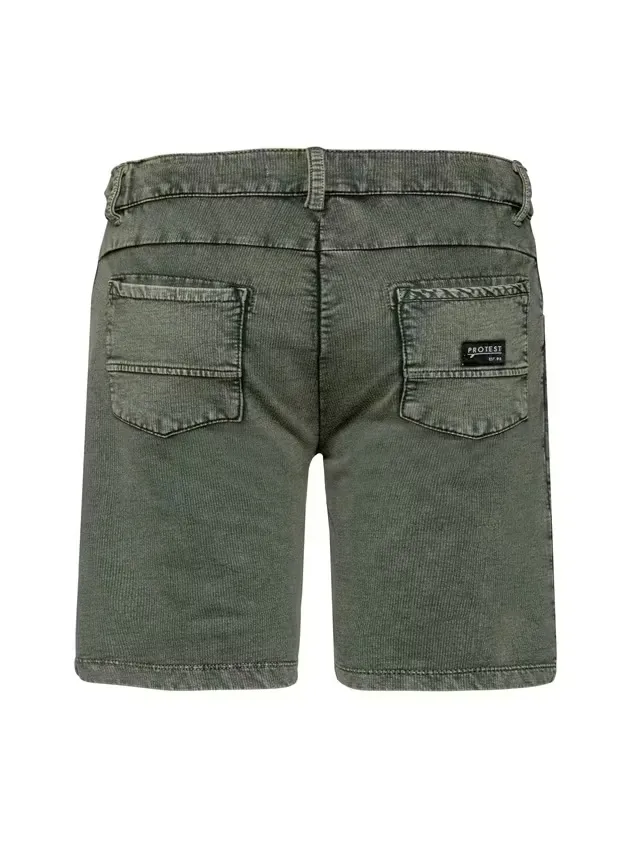 Short en velours côtelé de couleur kaki, présenté en visuel arrière, doté de deux poches arrière plaquées, dont celle de droite est ornée d'une étiquette rectangulaire noire avec une inscription blanche.