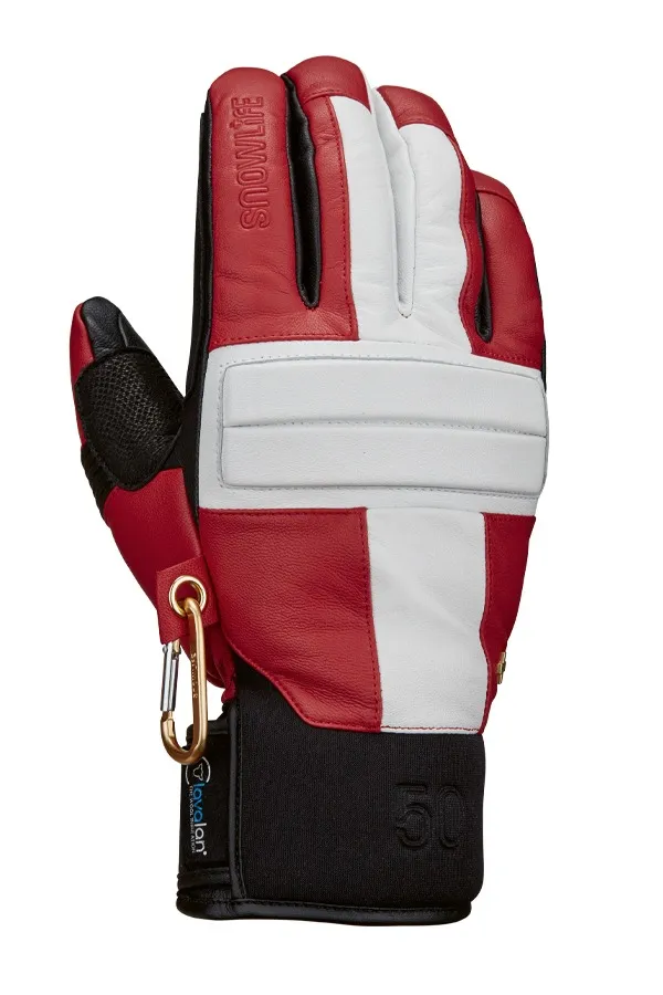 Guanto in pelle rossa, bianca e nera con moschettone e scritta "Snowlife" sull'indice.