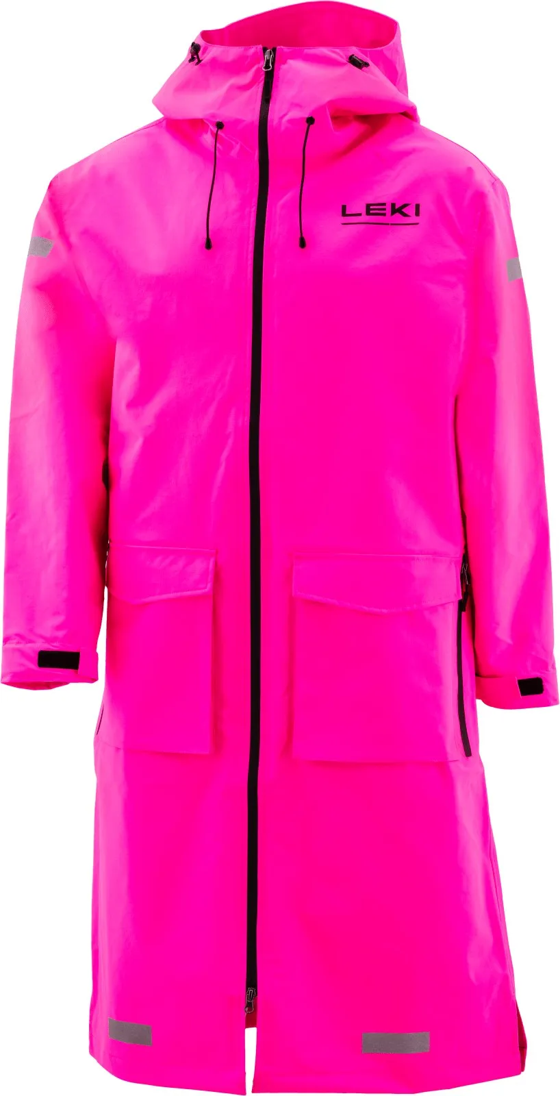 Giacca antipioggia rosa, lunga, con cappuccio, zip e logo neri e strisce riflettenti.