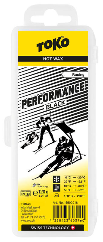 Verpackung des Toko Performance Black Heisswachs 120g mit Skirennläufer-Motiv auf gelbem Untergrund.