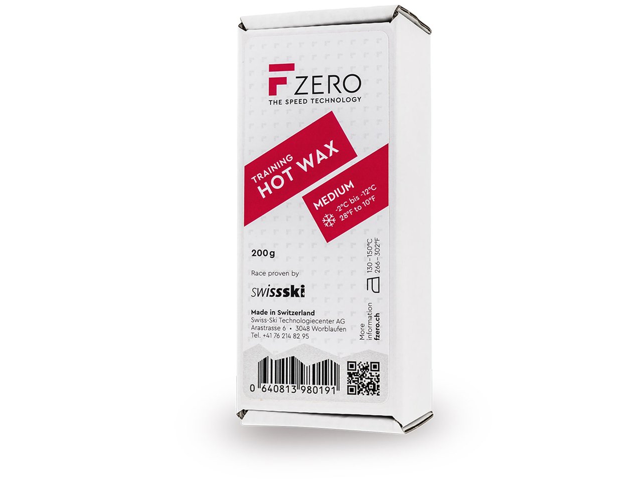 Verpackung des FZERO Training Hot Wax Mediums für Schneesport, 200g, mittlere Schneebedingungen.