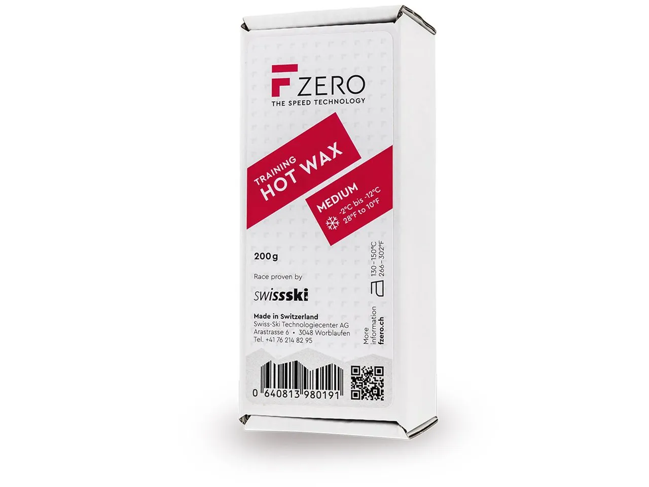 Packaging of the FZERO Training Hot Wax Medium for snow sports, 200g, medium snow conditions.