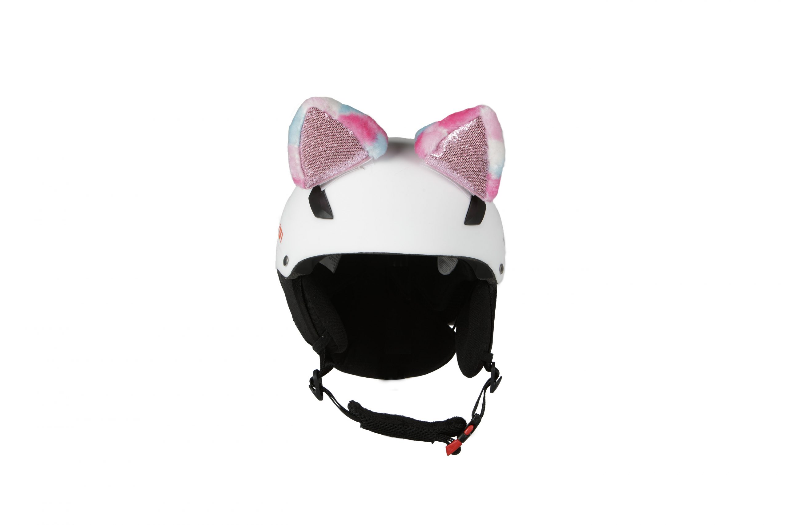 Casque de ski blanc avec Hoxyheads Cat Ears rose en haut, intérieur des oreilles brillant.