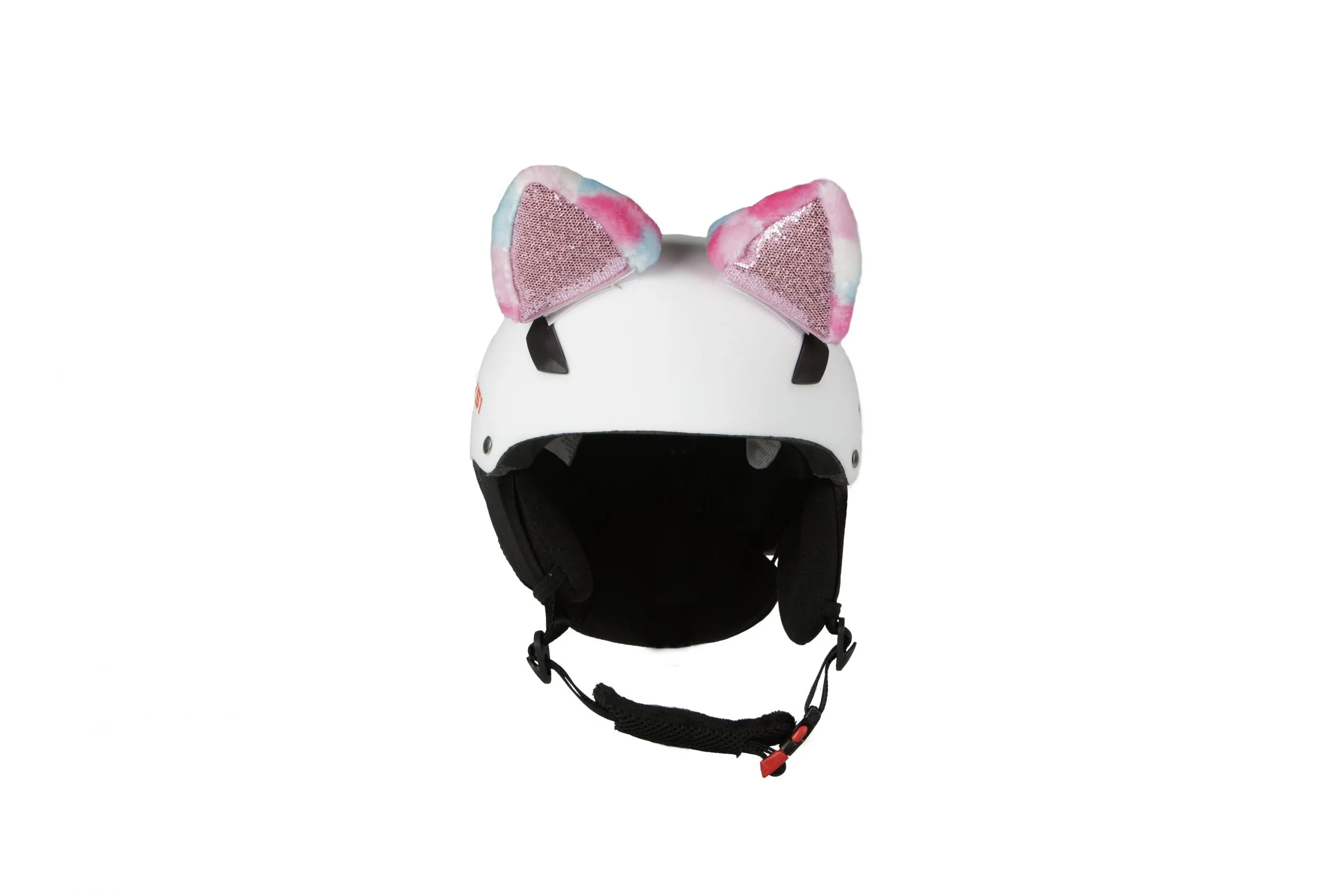 Weißer Skihelm mit pinkfarbenen Hoxyheads Cat Ears oben, Innenseite der Ohren glänzend.