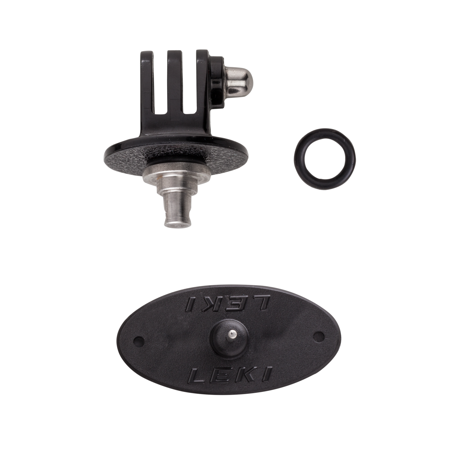 Schwarzer Leki GoPro Adapter für Trigger S Skistöcke mit E-Deckel, bestehend aus drei Teilen.