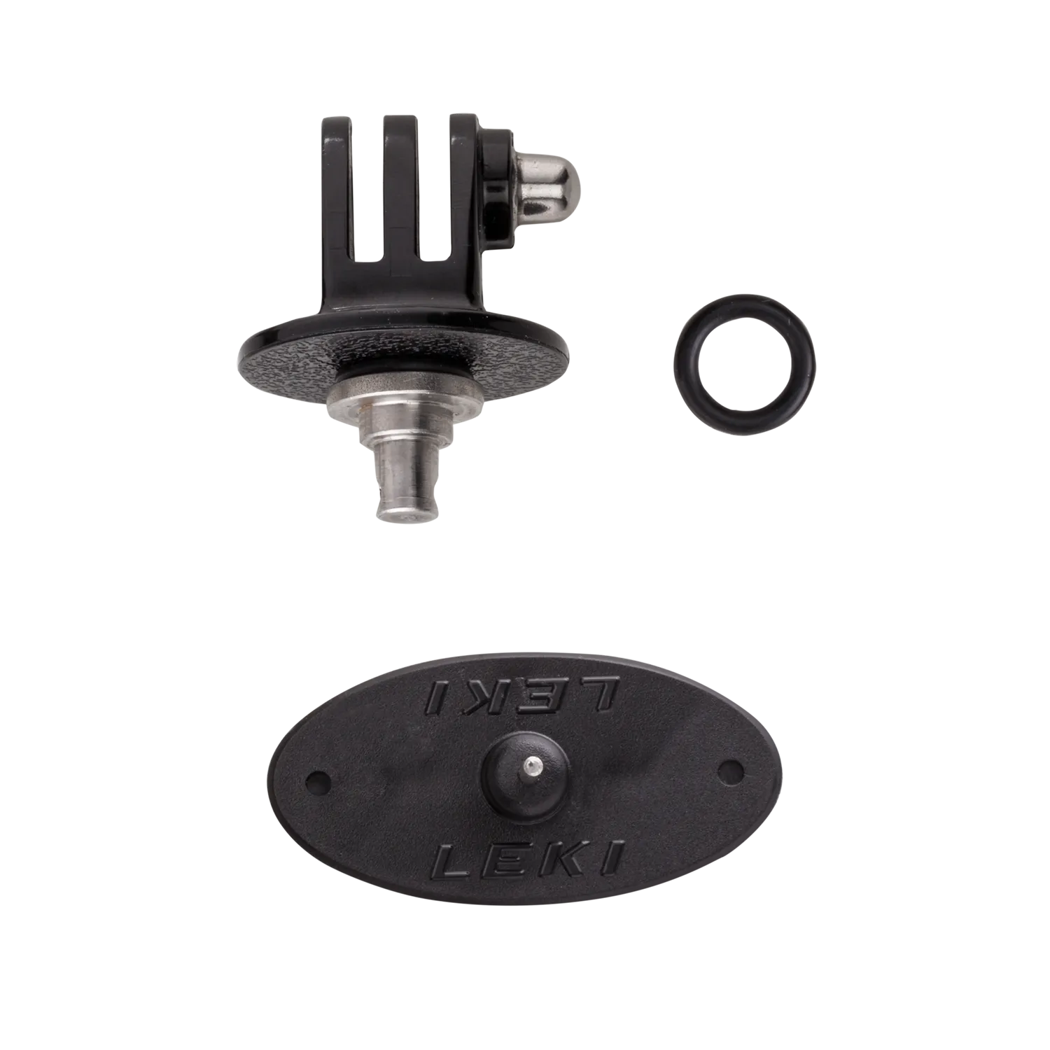 Schwarzer Leki GoPro Adapter für Trigger S Skistöcke mit E-Deckel, bestehend aus drei Teilen.