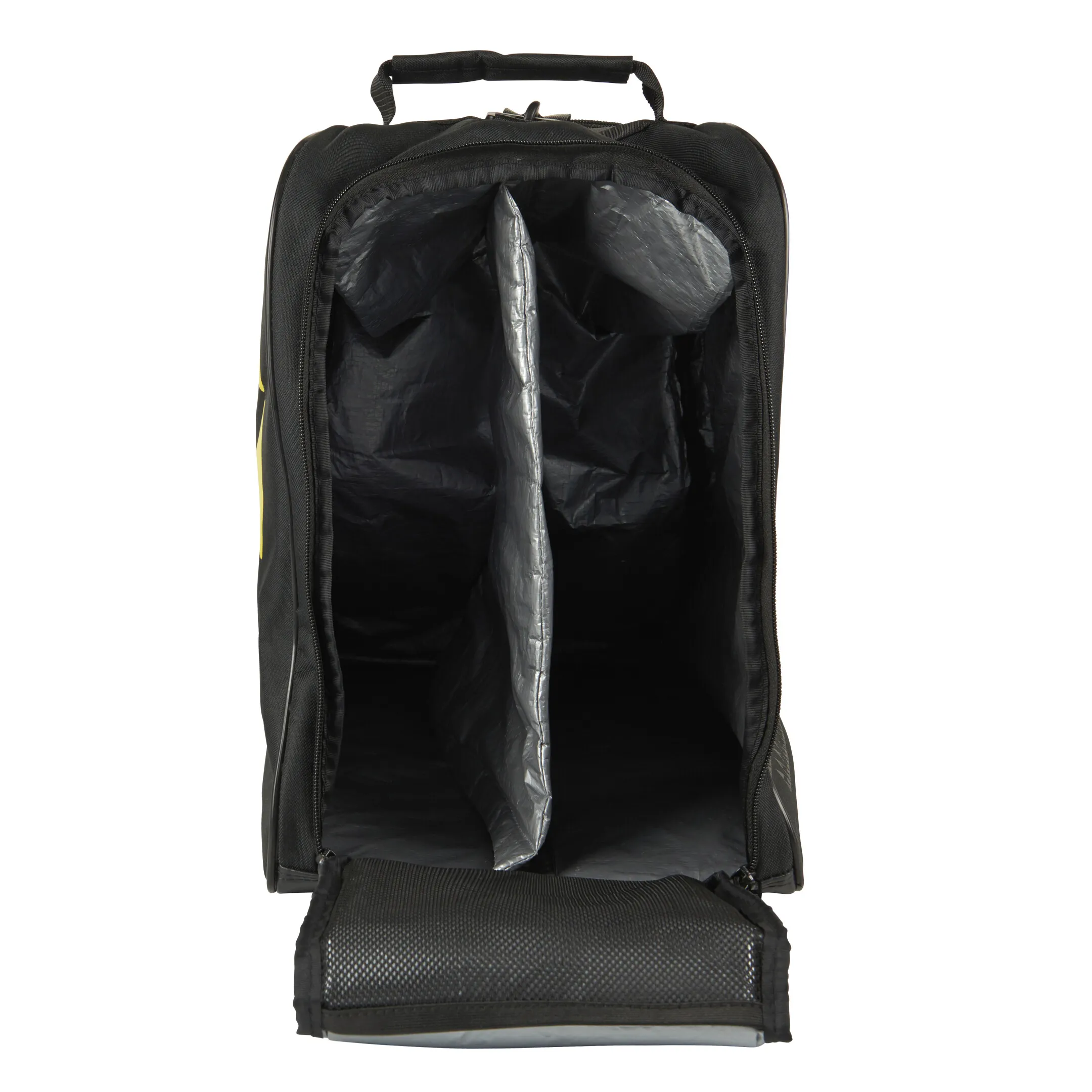 Sac à chaussures de ski noir ouvert avec poignée de transport et fermetures éclair, compartiment intérieur et poche en filet au fond.