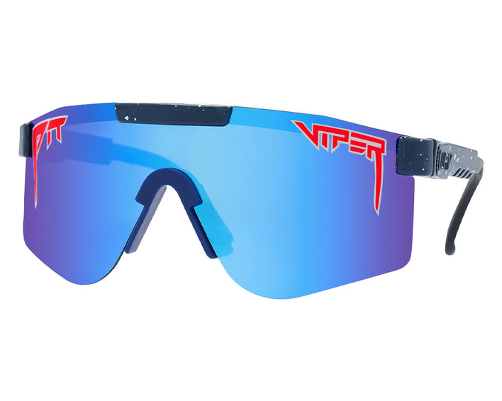 Polarisierte Sonnenbrille mit blauen Gläsern und rotem "Viper" Schriftzug an der Seite.