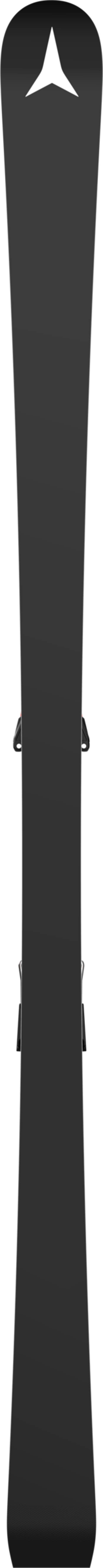 Ein Ski mit Bindung in dunklen Farbtönen und einem weißen, pfeilartigen Logo oben.