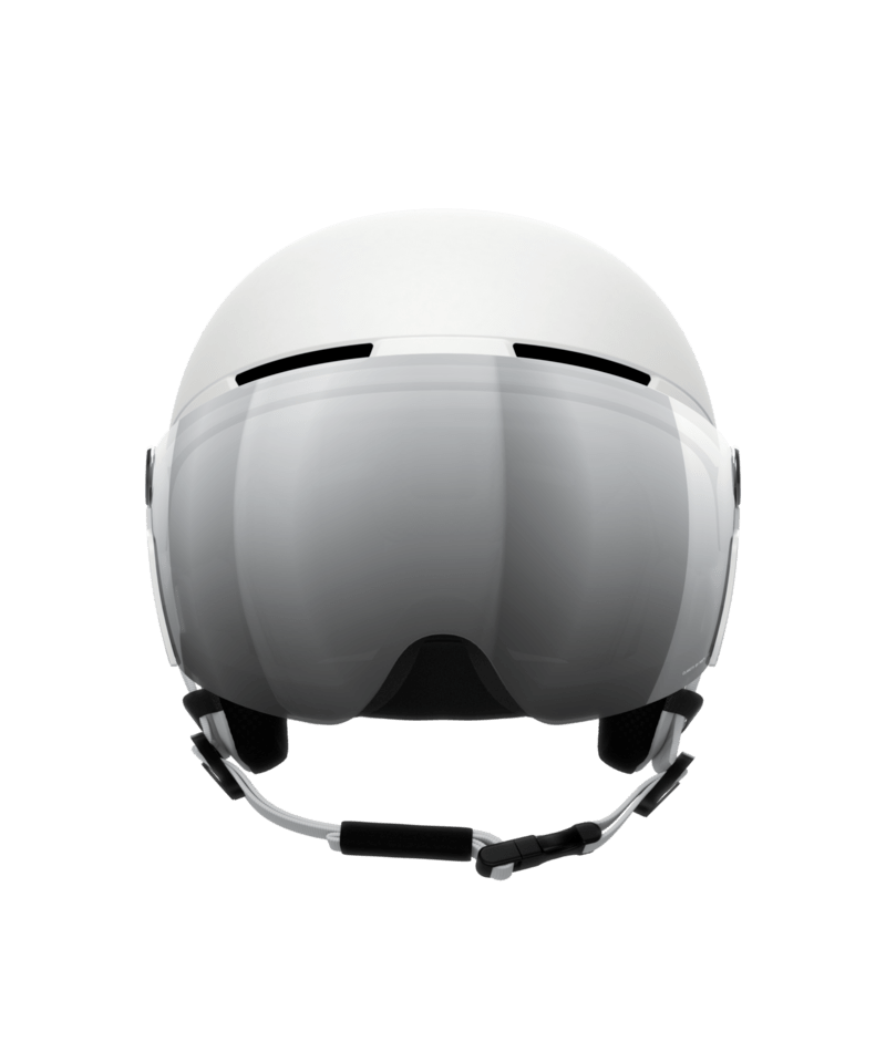 Frontansicht des weißen, matten Obex Visor Skihelms mit silbernem Visor. Der Skihelm hat einen Kinnriemen mit Polsterung.