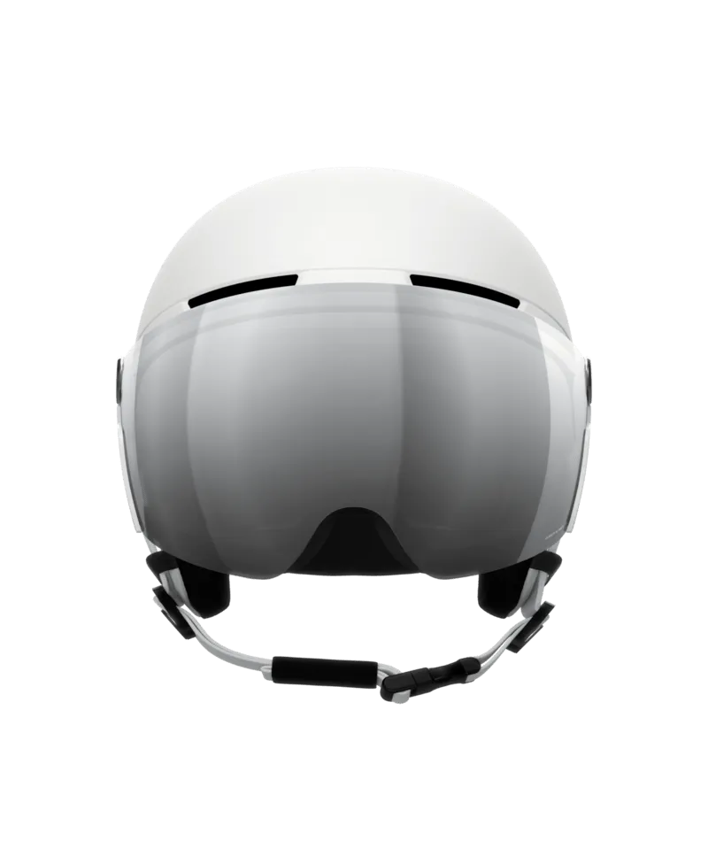 Vue frontale du casque de ski Obex Visor blanc et mat avec visière argentée. Le casque de ski est doté d'une mentonnière avec rembourrage.