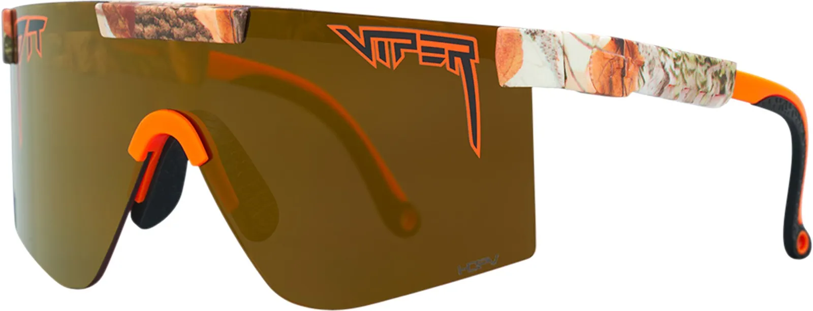 The polarized sunglasses, The Actual Bush Original, with gold lenses and camouflage pattern on the temples.