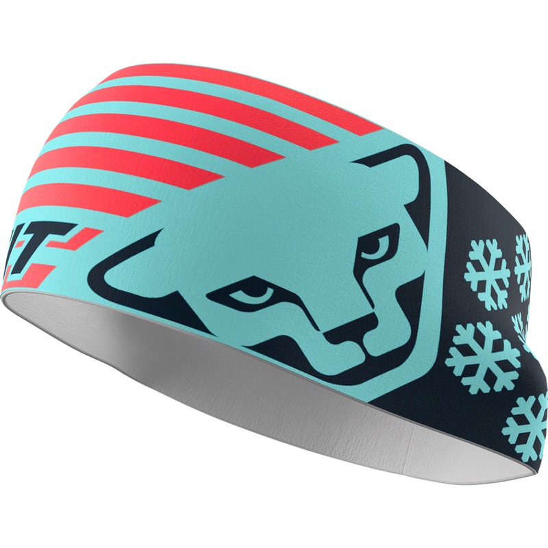 Navy blue Dynafit Performance headband with a graphic print of a cat's head and snowflake pattern.
