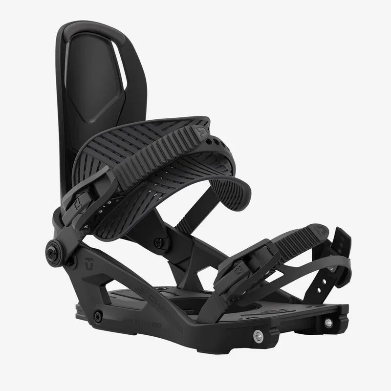 Close-up of the black Union Charger splitboard binding against a light background.