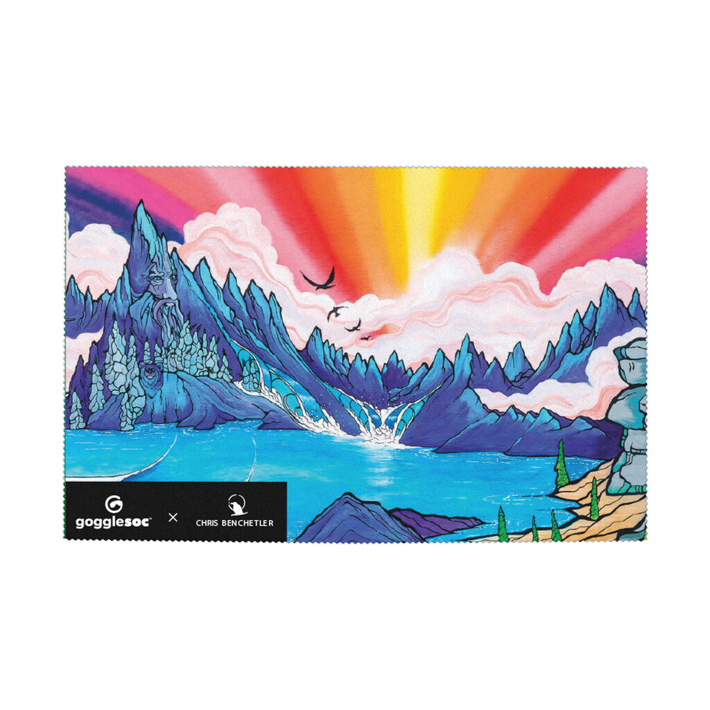 Panno colorato per la pulizia degli occhiali con motivo di montagna Panno per la pulizia degli occhiali multicolore con motivo di montagna, cascata e cielo astratto con nuvole e raggi di sole.