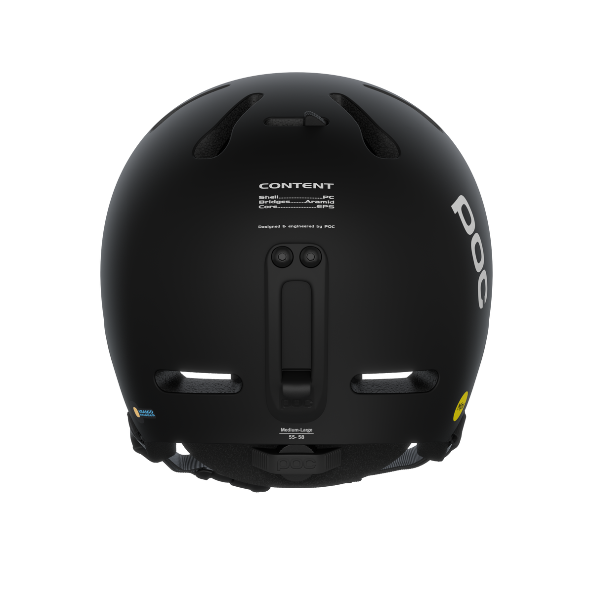 Vue arrière du casque noir Poc Fornix Mips. Détails : aération, indication de la taille, clip pour lunettes, logos et marquage Mips.