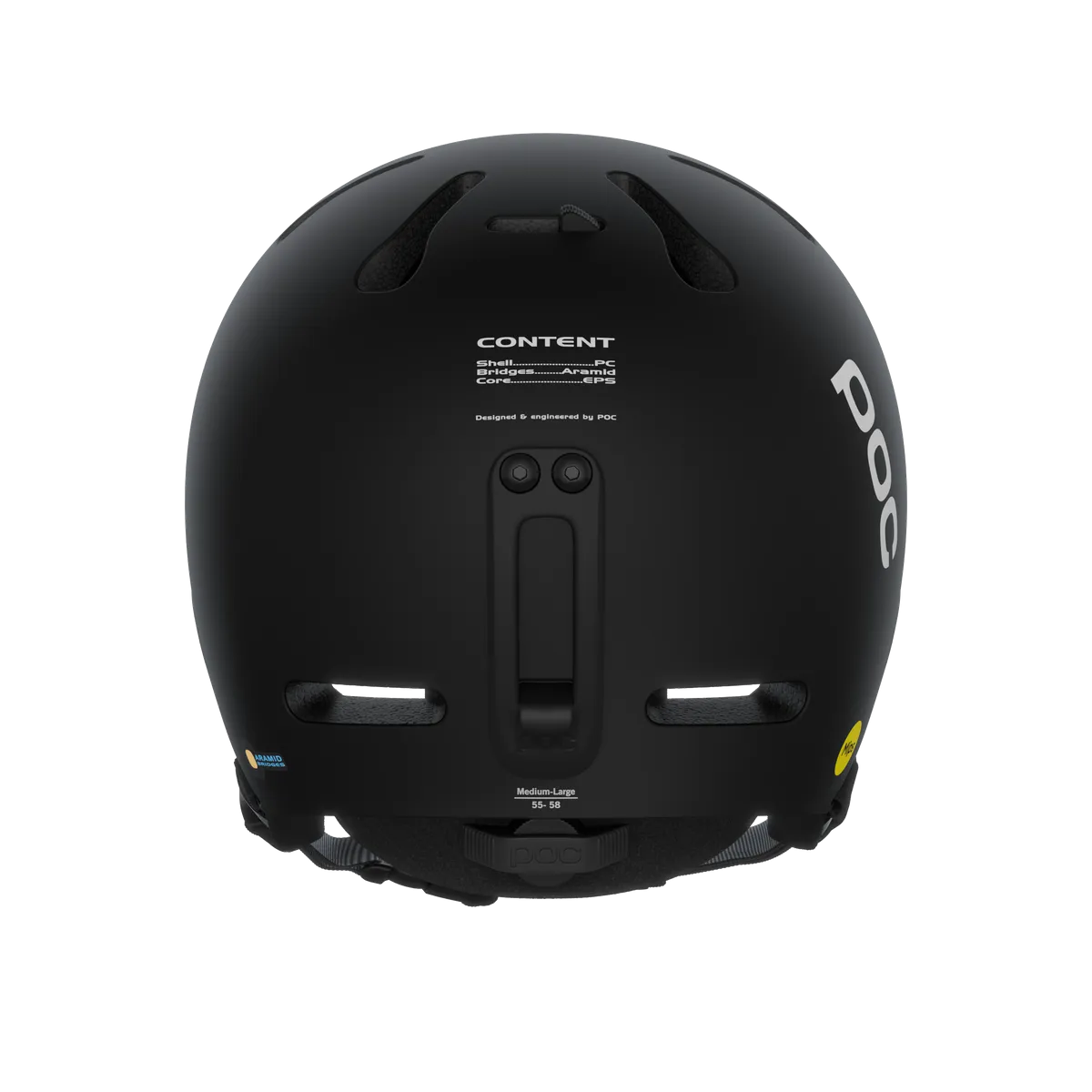 Vista posteriore del casco Poc Fornix Mips nero. Dettagli: ventilazione, dimensioni, clip per occhiali, loghi ed etichettatura Mips.