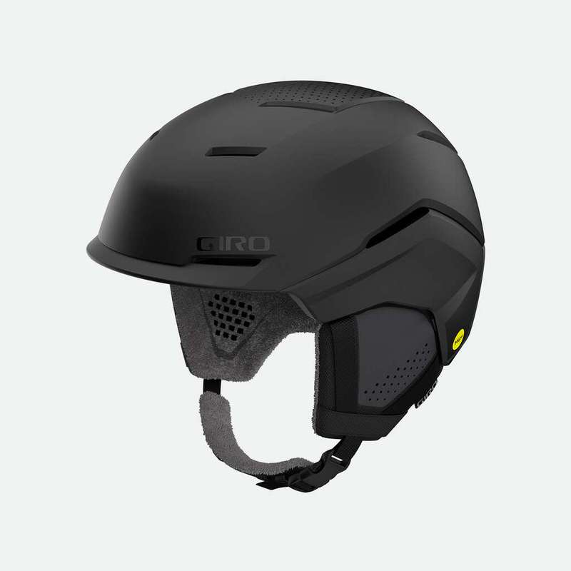 Giro Tenet MIPS Skihelm Mattschwarzer Giro Tenet MIPS Women Skihelm, seitliche Ansicht mit Ohrenpolstern und Kinnriemen.