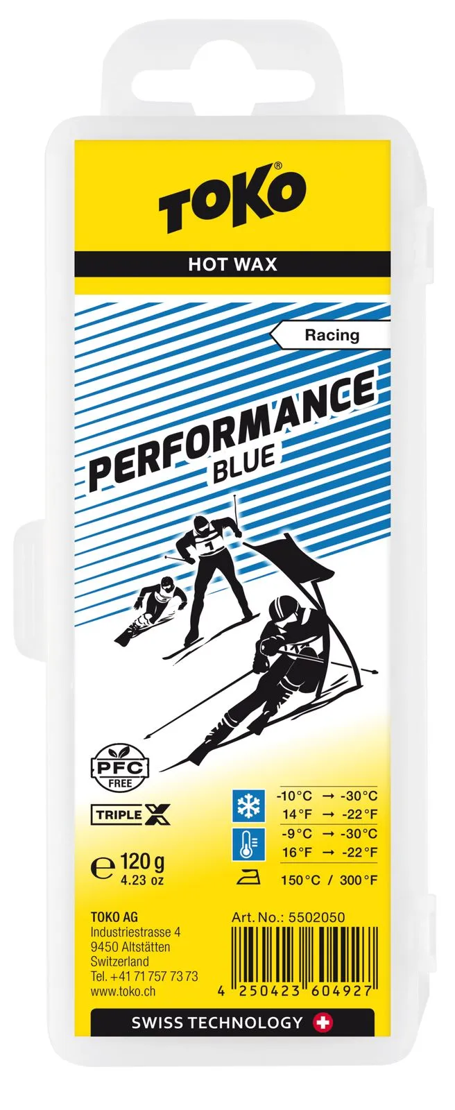 Packaging Toko Performance Blue hot wax, with skier illustration, 120g, for cold snow conditions.