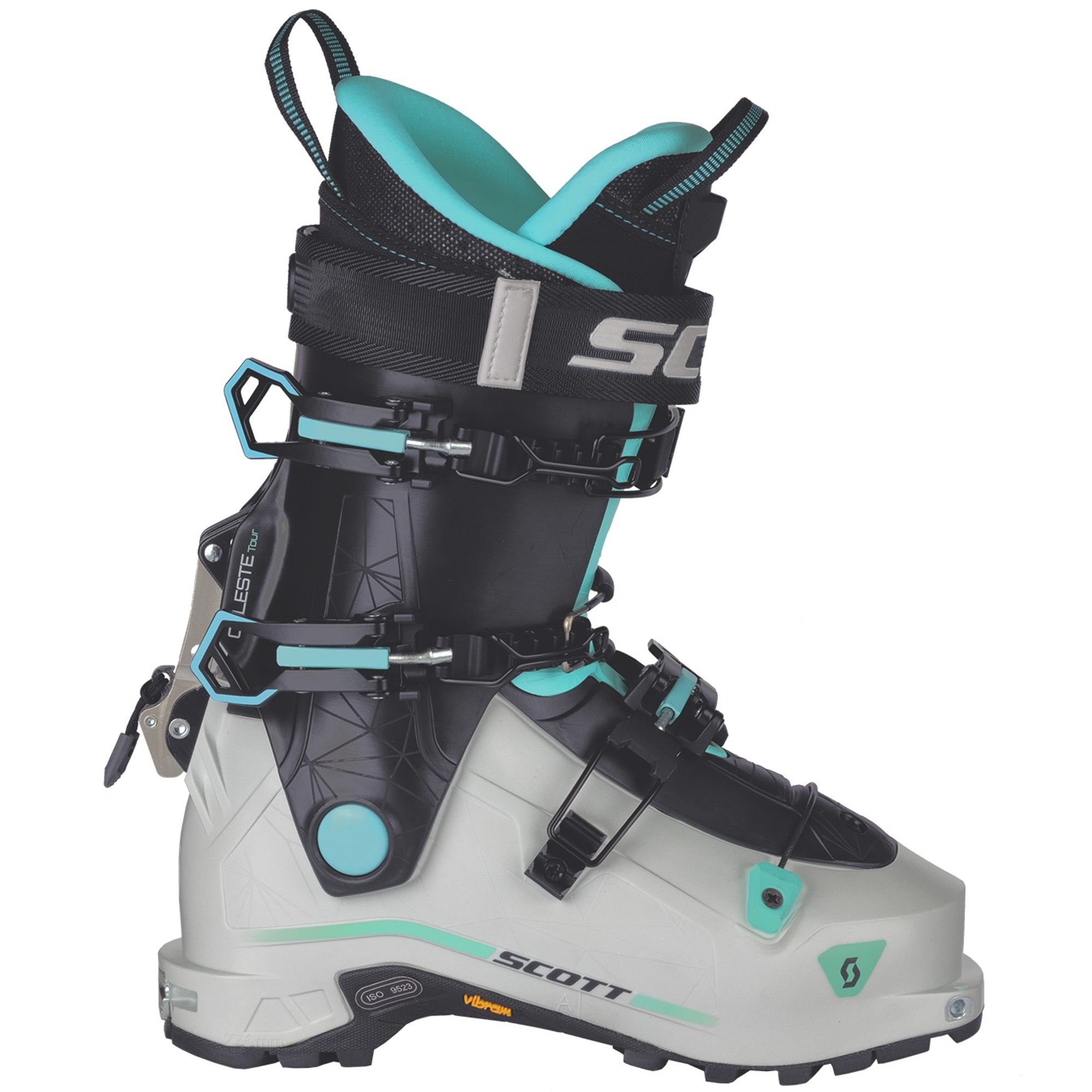 Chaussure de ski de randonnée individuelle SCOTT Celeste Tour en blanc, noir et turquoise de côté.