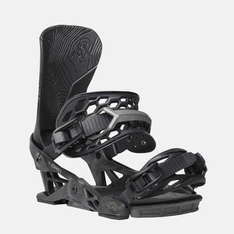 Schwarze Jones Apollo Pro Snowboardbindung, seitliche Ansicht mit Highback und Riemen.