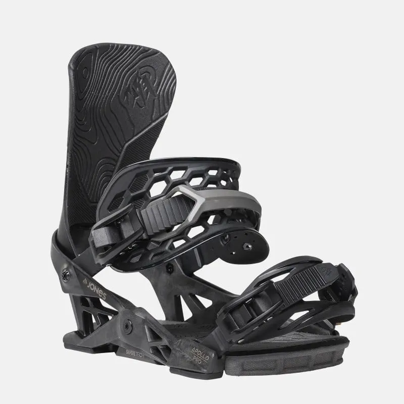 Black Jones Apollo Pro snowboard binding, side view with highback and straps.