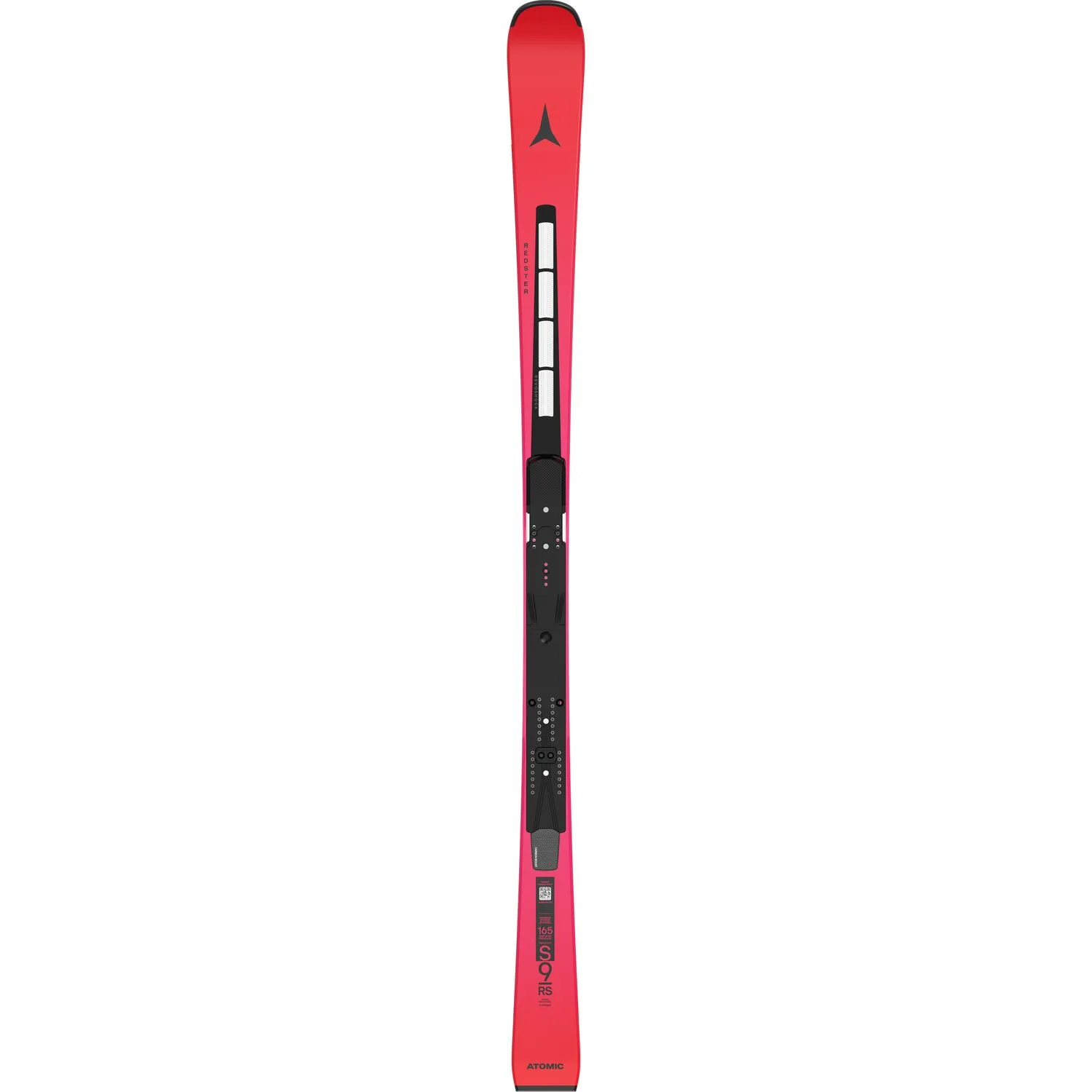 Top view of a red Atomic Redster S9 ski with black binding in the middle and manufacturer's logo at the ends.