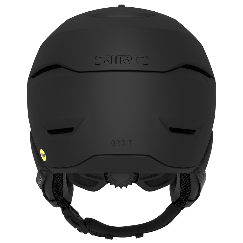 Schwarzer Giro Orbit Mips Skihelm, Rückansicht, mit "GIRO" und "ORBIT" Schriftzug. Kinnriemen sichtbar.
