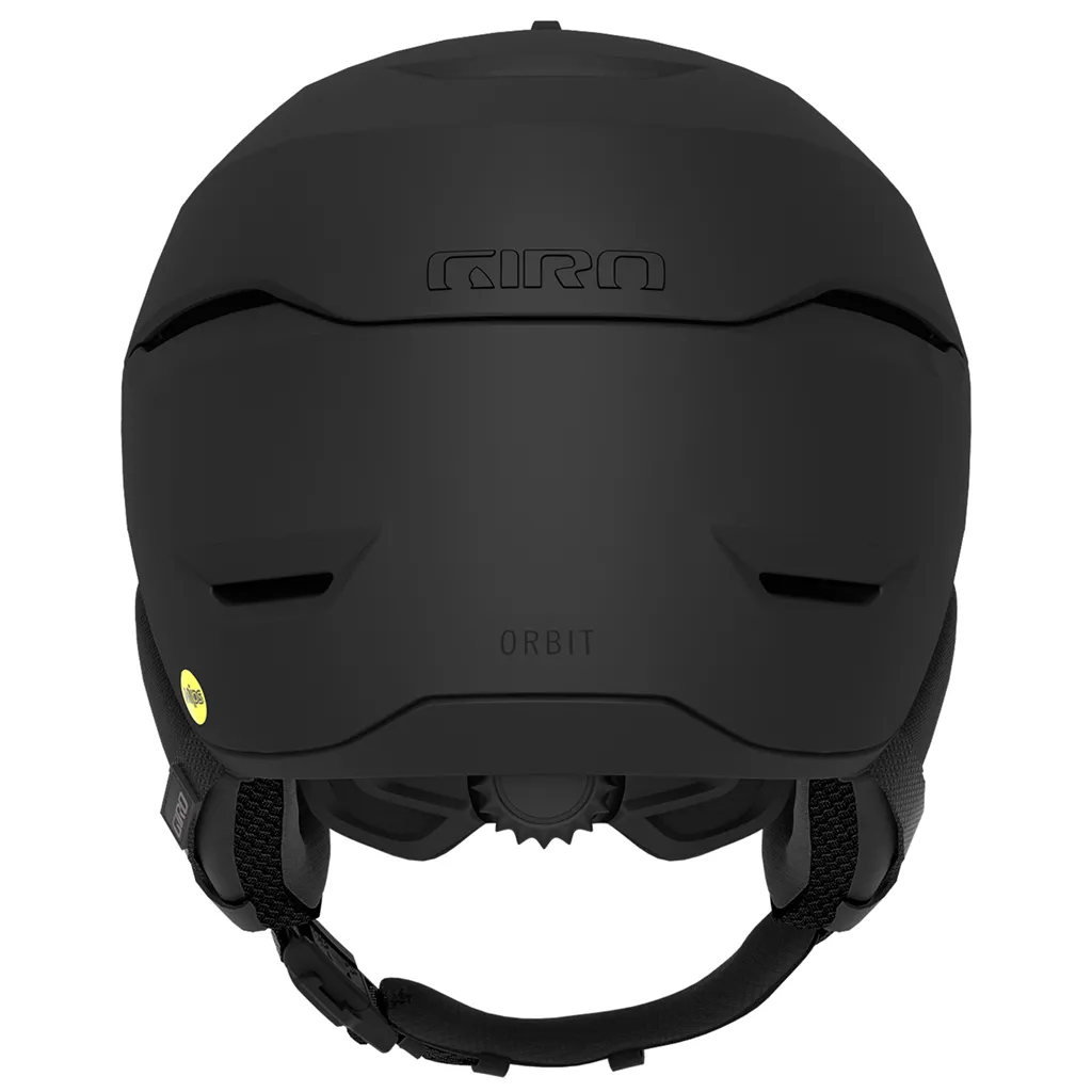Schwarzer Giro Orbit Mips Skihelm, Rückansicht, mit "GIRO" und "ORBIT" Schriftzug. Kinnriemen sichtbar.