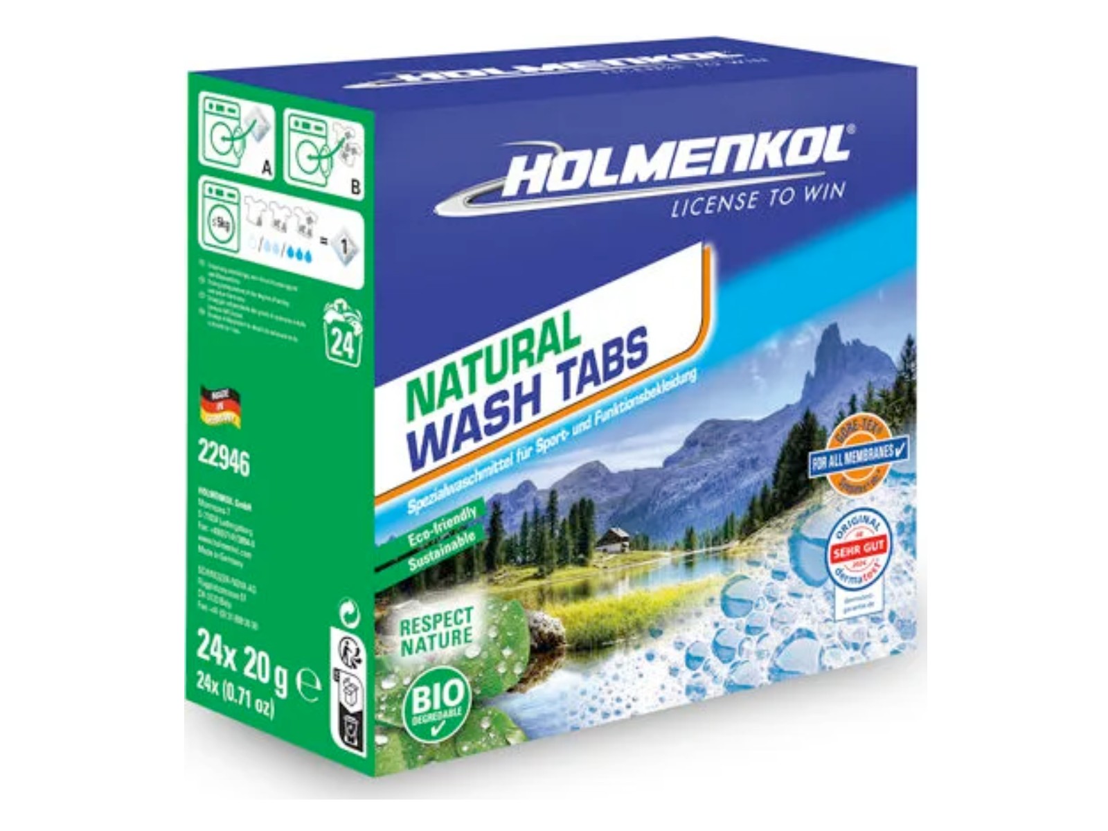 Verpackung von Holmenkol Natural Wash Tabs mit Naturmotiv und dem Hinweis "Spezialwaschmittel für Sport- und Funktionsbekleidung".