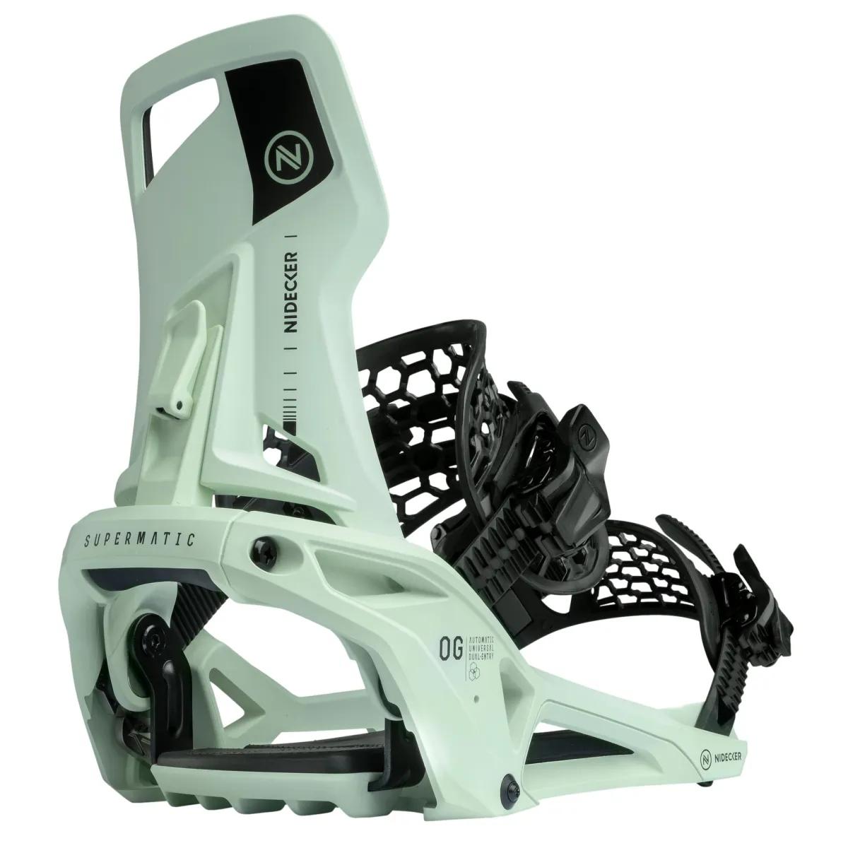 Fixation de snowboard vert clair avec structure hexagonale noire, inscription "Nidecker" et "Supermatic", isolée sur fond blanc.