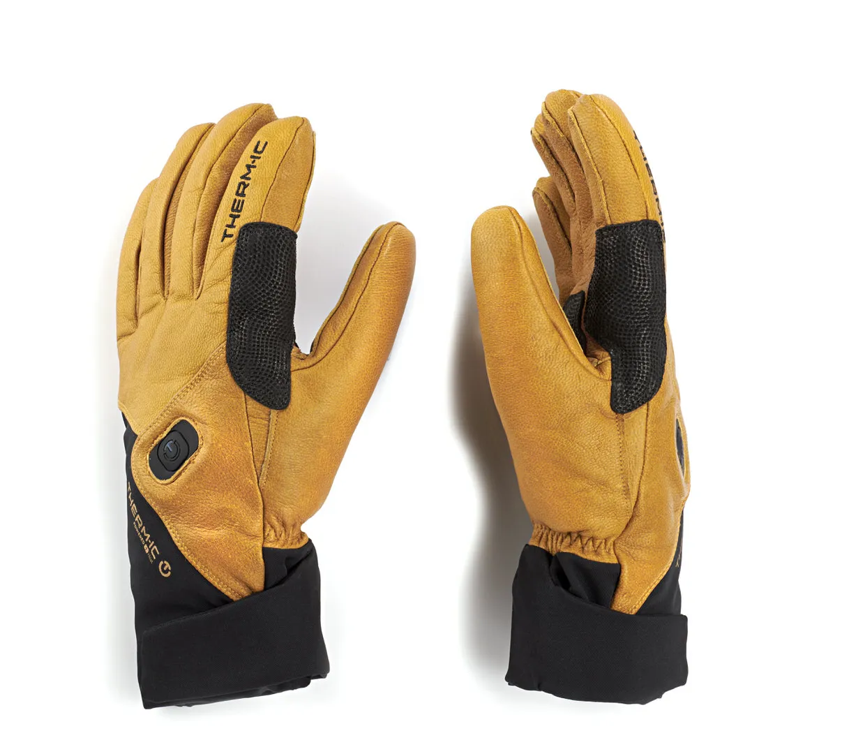 Zwei Therm-ic Freeride Ultra Heat Handschuhe, hellbraunes Leder mit schwarzen Akzenten, Handflächen zeigen nach vorne.