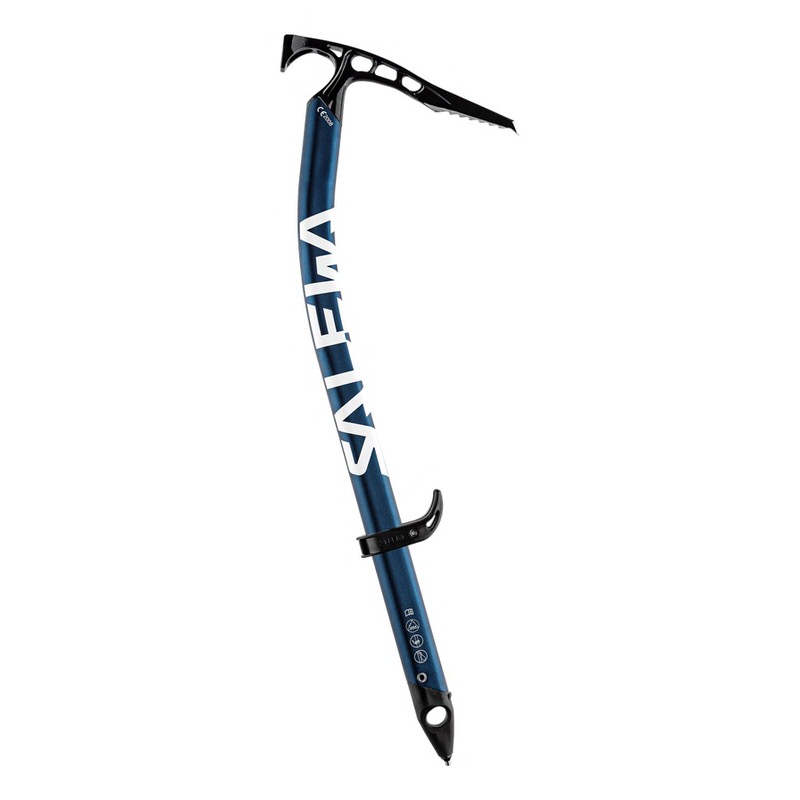 Blauer Alpine-Tec Hammer von Salewa, seitlich mit weißem Schriftzug. Schwarzer Kopf und Spitze, Handauflage am Schaft.