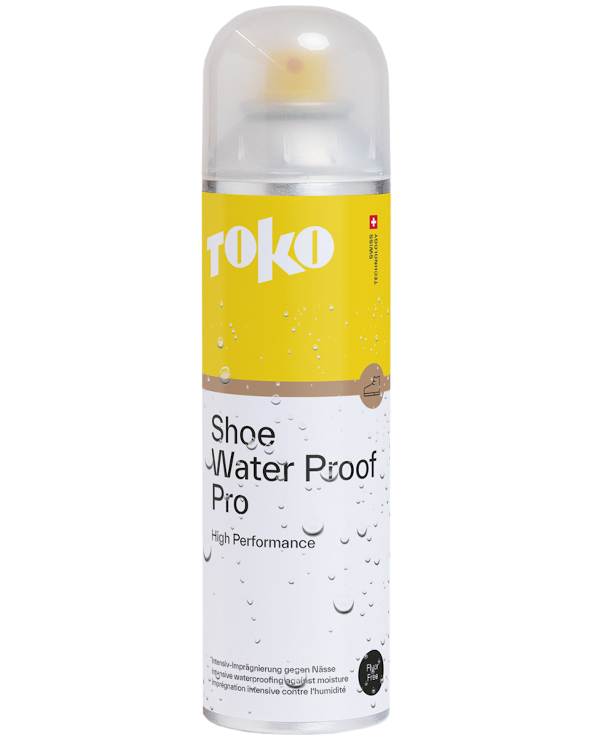Toko Schuhschutz Sprühdose Gelbe Sprühdose "Toko Shoe Water Proof Pro" mit durchsichtigem Deckel, beschriftet mit Text und Wassertropfen-Illustration.