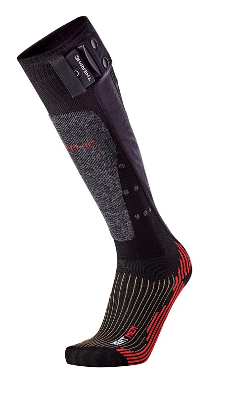 Therm-ic Powersock Heat V2 Nahaufnahme einer Therm-ic Powersock Heat Men V2 Skisocke mit Heizmodul am Schaft. Schwarz, Grau und rote Details.